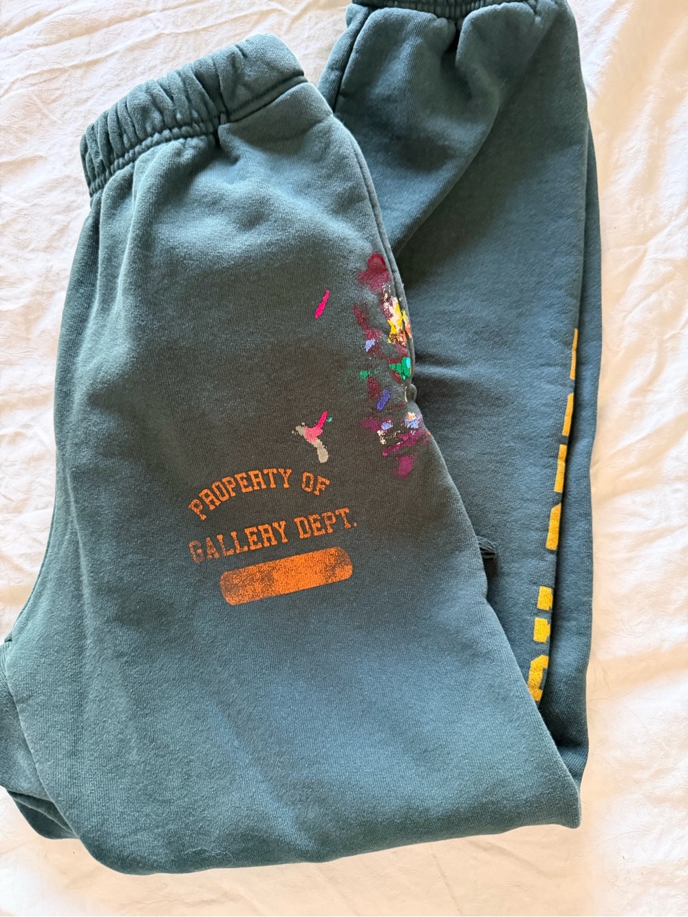 Gallery Dept Teal Paint-Splatter women Sweatpants with Yellow Logo